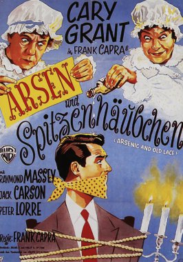 Viersen, Germany - May 9. 2024: Arsenic and Old Lace film cinema poster detail (German version) with Cary Grant from 1944 (focus on center) clipart