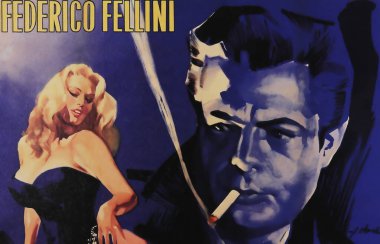 Viersen, Almanya - 9 Mayıs. 2024: La dolce vita film poster detayları (Almanca versiyonu) Marcello Mastroianni ve Anita Ekberg by Federico Fellini (sağın merkezine odaklan))