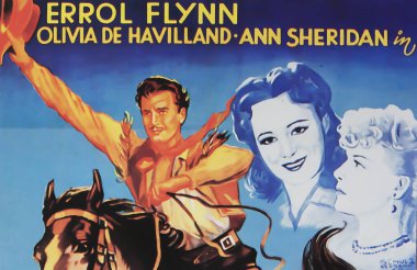 Viersen, Germany - May 9. 2024: Dodge City western film cinema poster detail (German version) with Errol Flynn,  Olivia de Havilland, Ann Sheridan from 1939 (focus on center) clipart