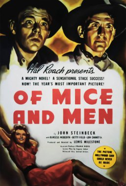 Viersen, Almanya - 9 Mayıs. 2024: Fareler ve İnsanlar 'ın 1939' dan itibaren Burgess Meredith, Betty Field ve Lon Chaney Jr. 'la birlikte film afişi detayı (merkeze odaklan))