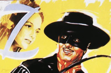 Viersen, Germany - May 9. 2024: The Mark of Zorro film cinema poster detail (german version) with Tyrone Power and Linda Darnell from 1940 (focus on center) clipart