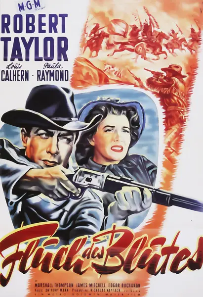 Viersen, Almanya - 9 Mayıs. 2024: Devil 's Doorway Batı Sinema Poster Detayları (Almanca versiyonu) Robert Taylor ve Paula Raymond 1955' ten (merkeze odaklan))