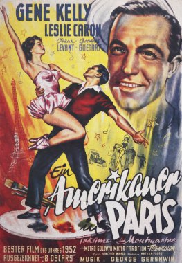 Viersen, Germany - May 9. 2024: Cinema film poster An American in Paris (German Version) comedy musical movie with Gene Kelly  and Leslie Caron from 1951 (focus on center) clipart