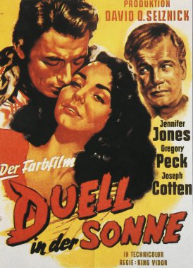 Viersen, Germany - May 9. 2024: Duel in the Sun film cinema poster detail (German version) with Jennifer Jones, Joseph Cotten,  Gregory Peck from 1946 (focus on center) clipart