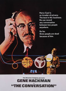 Viersen, Germany - May 9. 2024: The Conversation film cinema poster detail with Gene Hackman from 1974 (focus on center) clipart