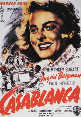 Viersen, Almanya - 9 Mayıs. 2024: Kazablanka film afişi (Almanca versiyonu), 1943 'ten Humphrey Bogart ve Ingrid Bergman ile birlikte (merkeze odaklan).)