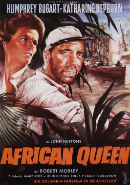 Viersen, Germany - May 9. 2024: African Queen film cinema poster detail (german version) with Humphrey Bogart and Katharine Hepburn from 1951  (focus on center) clipart