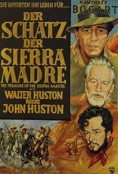 Viersen, Almanya - 9 Mayıs. 2024: Sinema afişi The Treasure of the Sierra Madre (Alman versiyonu) with Humphrey Bogart from 1948 (odak noktası altın harfler))