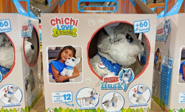 Viersen, Almanya - 9 Kasım. 2024: Kutunun kapanışı Chichi Love oyuncak köpek yavrusu Alman mağazasının rafında (merkeze odaklan)