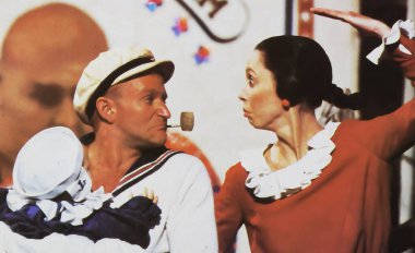 Viersen, Germany - July 9. 2024: Popeye film lobby card detail with Robin Williams and Shelley Duvall from 1980 (focus on persons) clipart