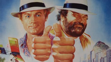 Viersen, Germany - July 9. 2024: Double Trouble film cinema poster detail with Bud Spencer and Terence Hill from 1984 (focus on upper third) clipart