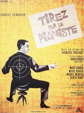 Viersen, Germany - May 9. 2024: Detail of Shoot the Piano Player (Tirez sur le pianiste) Cinema film poster with Charles Aznavour from 1960 (focus on center) clipart