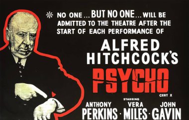 Viersen, Germany - May 9. 2024: Detail of Psycho official Cinema film poster with Anthony Perkins by Alfred Hitchcock from 1960 (focus on center) clipart