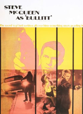 Viersen, Germany - May 9. 2024: Detail of official Bullitt cinema film poster with Steve McQueen from 1968 (focus on center) clipart