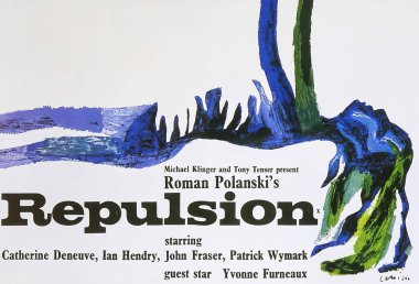 Viersen, Germany - May 9. 2024: Detail of official Repulsion cinema film poster with Catherine Deneuve by Roman Polanski from 1965 (focus on center) clipart