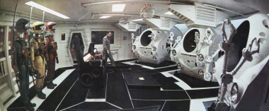 Viersen, Almanya - 9 Temmuz. 2024: 2001 Space Odyssey sinema salonu lobi kartı detayı 1968 'den (sağa odaklan)