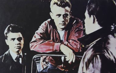 Viersen, Almanya - 9 Temmuz. 2024: Rebel Without a Cause film lobisi detayları ile 1955 'ten James Dean (merkezi yüze odaklan)