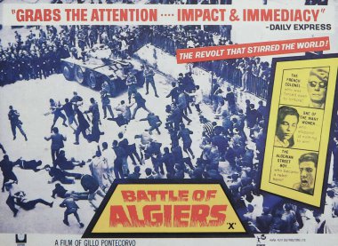 Viersen, Germany - July 8. 2024: Old magazine photo of Battle of Algiers film poster by Gillo Pontecorvo from 1966 (focus on lower third) clipart