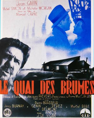Viersen, Almanya - 8 Temmuz. 2024: Le Quai des brumes (Gölgeler Limanı) sinema afişi Jean Gabin ve Michel Simon ile 1938 'den (büyük kırmızı harflerin merkezine odaklan))
