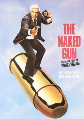 Viersen, Almanya - 9 Mayıs. 2024: Orijinal resmi 1988 'den Leslie Nielsen ile çıplak silah film afişi detayı (merkeze odaklan)