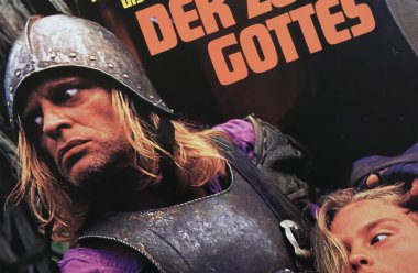 Viersen, Germany - June 3. 2024: Guirre, Der Zorn Gottes (the wrath of god) german cinema film poster dateil with Klaus Kinski of from 1972 (focus on left face) clipart