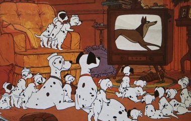 Viersen, Almanya - 1 Temmuz. 2024: 1961 'den 101 Dalmaçya' da televizyon izleyen köpeklerin eski dergi fotoğrafı)