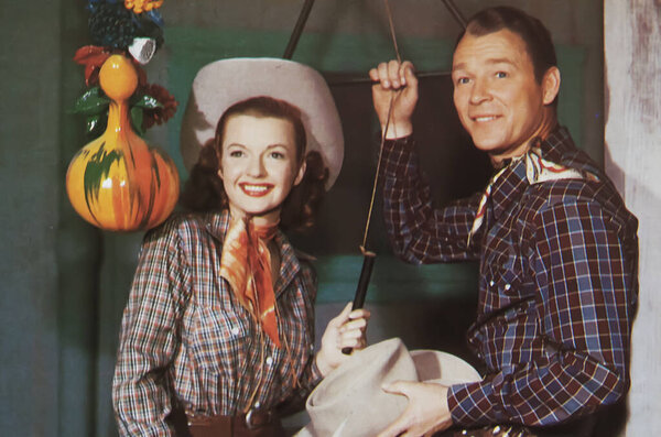 Viersen, Germany - July 1. 2024: Old magazine photo of Dale Evans and Roy Rogers in The Golden Stallion western from 1949 (focus on right person)