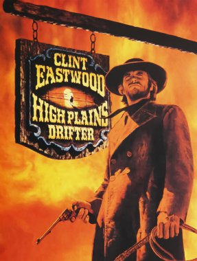 Viersen, Almanya - 5 Mayıs. 2024: High Plains Drifter sinema poster with Clint Eastwood from 1973 (focus on upper third)