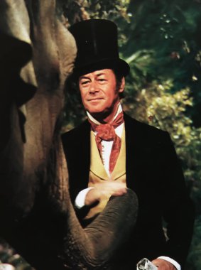 Viersen, Almanya - 13 Mayıs. 2024: Rex Harrison 'ın 1967' de Dr. Dolittle 'da ormandaki fille çekilmiş eski bir dergi fotoğrafı (yüze odaklan)