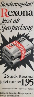 Viersen, Almanya - 6 Mayıs. 2024: Rexona sabununun eski Alman dergisi reklamı)