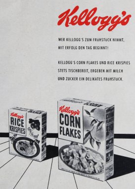 Viersen, Almanya - 6 Mayıs. 2024: Eski Alman dergisi ilanı Kellog Mısır Gevreği 1957