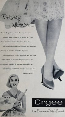 Viersen, Germany - May 6. 2024: Old german magazine advertisement of ERGEE perlon tights from 1957 (focus on upper third) clipart