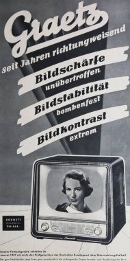 Viersen, Almanya - 6 Mayıs. 2024: Graetz Kornett televizyonunun 1957 tarihli eski Alman dergisi reklamı)
