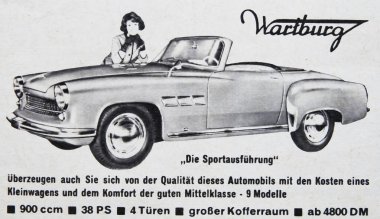 Viersen, Almanya - 8 Mayıs. 2024: 1960 yılından kalma eski Alman Wartburg araba dergisi reklamı (araba merkezine odaklan)