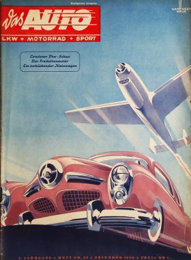 Viersen, Almanya - 8 Mayıs. 2024: Eski Alman Das Auto dergisi kapağında 1950 yılından kalma pembe klasik araba ve uçak (daha düşük üçüncü sınıfa odaklan))