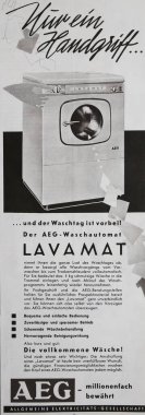 Viersen, Almanya - 8 Mayıs. 2024: Eski Alman AEG Lavamat çamaşır makinesi dergisi reklamı 1958 'de yayınlandı.)