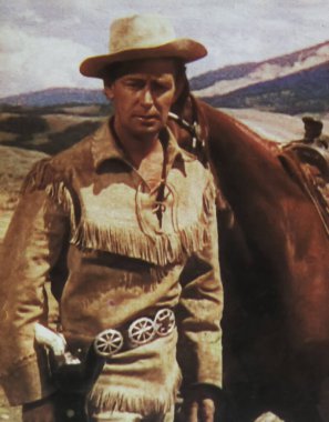 Viersen, Almanya - 8 Mayıs. 2024: Alan Ladd 'in Batı Shane' deki eski dergi fotoğrafı (yüze odaklan)