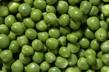 Birçok taze soyulmuş bezelyenin geçmişi. Bezelyeler yeşildir ve yan yana yatarlar..