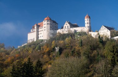 Harburg şehrinde, eski bir taş köprü Wrnitz 'in üzerinden geçiyor. Köprü suya yansıyor. Sudan sis yükseliyor..