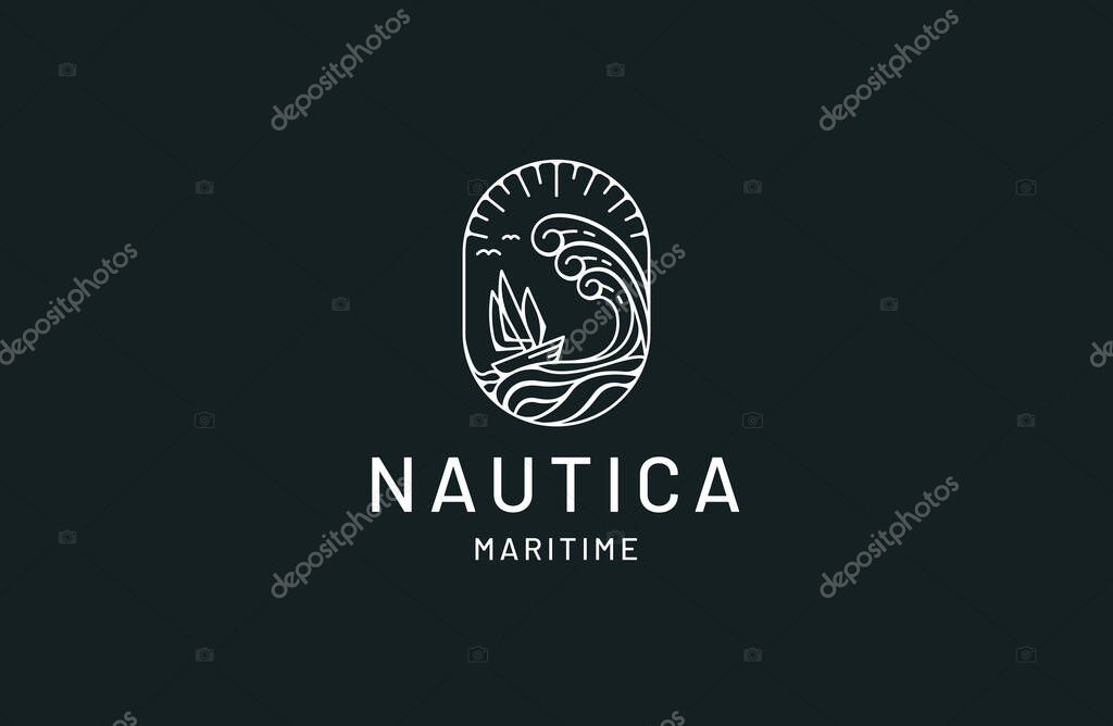 Sailboat ship on sea ocean wave logo icon design template flat