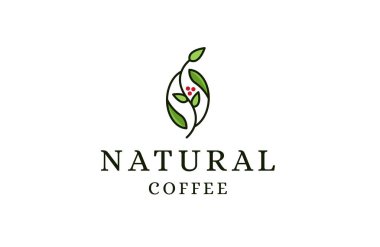 Yapraklı kahve çekirdeği doğal kahve logosu tasarımı düz vektör çizimi