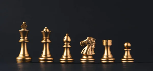 Golden Schaak Omvatten Koning Koningin Paard Schip Pion Donkere Achtergrond — Stockfoto