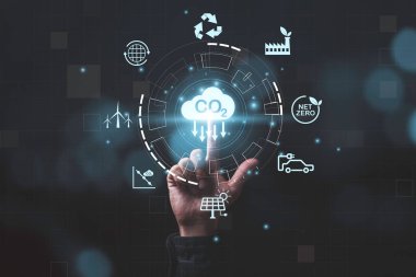Karbondioksit emisyonunu, karbondioksit salınımını, karbon ayak izini ve karbon kredisini azaltarak küresel ısınmayı iklim değişikliği kavramından sınırlamak için büyüteç içindeki ikona dokunmak. 