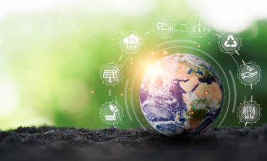 Çevrede karbon ayak izini azaltmak için CO2 ikonu ve küresel ısınmayı iklim değişikliği, Biyolojik Çember Yeşil Ekonomi kavramından sınırlamak için krediyi azaltan dünya. NASA 'nın element görüntüsü.