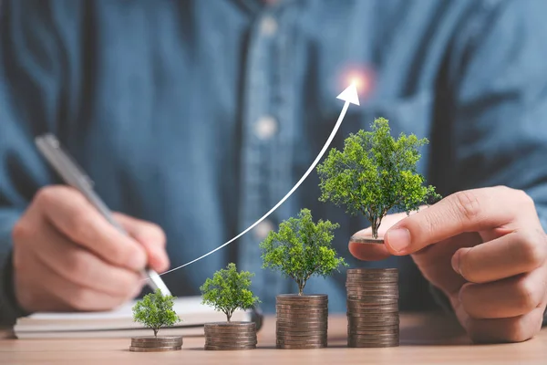 Para biriktirmek ve yatırım kârı ve finansal bankacılık kavramından elde edilen büyümeyi yatırmak için artan paralar üzerinde büyüyen ağaçlar tutan işadamı.