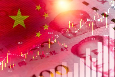 Double exposure of China flag on Yuan banknote and stock market graph chart .It is symbol of china high growth economy and technology concept.