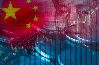 Double exposure of Mao Tse Tung from Yuan banknote and coins with stock market chart for China economy growth and investment trading concept.
