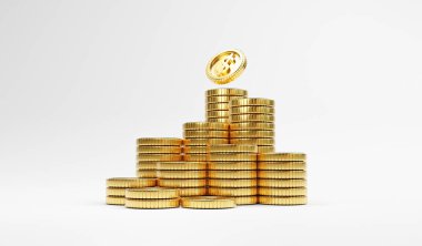 Isolation of US dollar golden coin  dropping to heap of coins on white background for investment and deposit saving concept by 3d render.