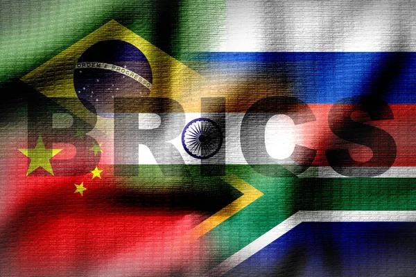 Brazil Russia India China and South Africa flag print screen on waving cloth for BRICS economic international cooperation concept.