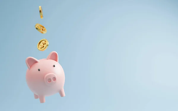 Golden Coin Dropping Pink Piggy Bank Money Saving Deposit Investment — 스톡 사진
